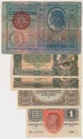 1912. 100K piros "MAGYARORSZÁG" körbélyegzővel + 1916. 1K + 1920. 10K pont a sorszámok között + 20K (2x) nincs pont a sorszámok között T:II,III,III-