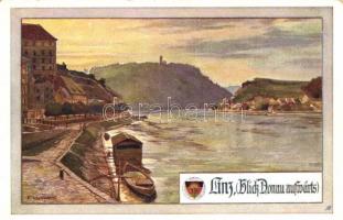 Linz, port, boat, Deutscher Schulverein Karte Nr. 487. artist signed (EK)