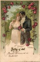 New Year, Romantic couple with flowers litho s: F. Döcker (fl)