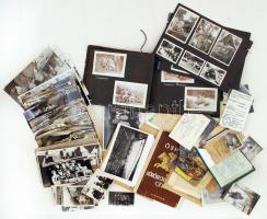 cca 1940-1960 Vegyes fotó és papírrégiség(igazolvány, reklám, stb.) tétel, családi és hivatalos rendezvények, felvonulások, néhány fotó albumlapra ragasztva, 8x6 és 17x11 cm közötti méretekben