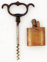 Régi fém dugóhúzó és réz öngyújtó, h: 6 és 13 cm