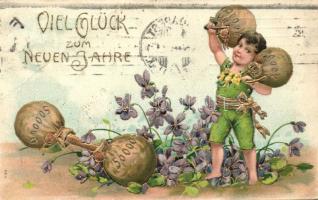 New Year, child with bags of money, golden decoration Emb. litho (EB)