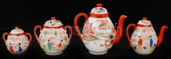 4 db gazdagon díszített japán teás és kávés kanna illetve tárolóedény, jelzett, kopásnyomokkal és lepattanásokkal, különböző méretben