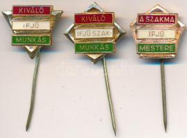 ~1960-1970. "Kiváló Ifjú Munkás" + "A Szakma Ifjú Mestere" + "Kiváló Ifjú Szakmunkás" zománcozott fém kitűzők T:2