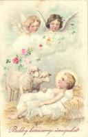 Christmas, Baby Jesus with lamb and angels litho