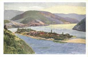 7 db használatlan akvarell képeslap, az MFTR sorozata - Kazán, Vaskapu, Ada Kaleh, Golubác, Visegrád...