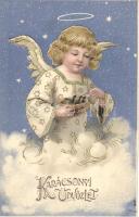 Christmas, angel with birds, golden decoration  Emb. litho (b)