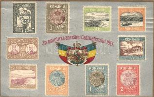 1913 In amintirea anexarei Cadrilaterului / In memory of annexation of Southern Dobruja, Romanian stamp collection, coat of arms, silver card Emb.