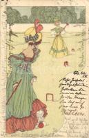Croquet playing women, M. Munk litho (EK)