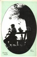 3 db régi, árnyképes Rolf Winkler művészlap / 3 unused pre-1945 Rolf Winkler signed silhouette art postcards