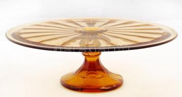 Nagy talpas színezett üveg kínáló, jelzett, apró csorbákkal, d: 32 cm