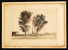 Zádor István (1882-1963): Szántódi rév. Rézkarc, papír, jelzett, üvegezett keretben, 28×44 cm