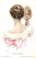 Hátrafele nézve, Reinthal & Newman No. 400. s: Harrison Fisher, Looking backward / Lady with mirror, Reinthal & Newman No. 400. s: Harrison Fisher