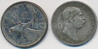 Vegyes: Ausztria 1908. 1K Ag "Jubileum" + Kanada 1962. 25c Ag "II. Erzsébet" T:2-,3 Mixed: Austria 1908. 1 Corona Ag "Jubilee" + Canada 1962. 25 Cents Ag "Elizabeth II" C:VF,F