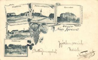 Nagykőrös, Közép piac tér, Városi szálloda, Deák tér, Népbank, szőlő, kiadja Geszner Jenő, floral Art Nouveau (EK)