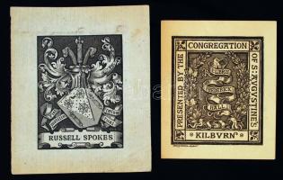 Harry Soane (1831-1912): Ex libris Frederick Hall, fametszet, papír, 7×6 cm + Jelzés nélkül: Russel Spokes családi címer, acélmetszet, papír, 7,5×5,5 cm