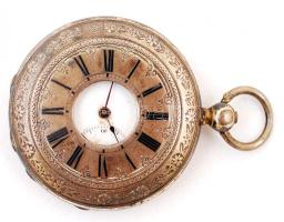 cca 1880 Ancre Ligne Droite kulcsos, duplafedeles ezüst zsebóra, szép állapotban, de üveg nélkül, Külső órafedelén is számlapjelzéssel, mely zárt állapotban is mutatja az időt /  cca 1880 Silver with key mechanics, without glass,