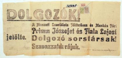 cca 1938-1940 A Nemzeti Szocialista Földműves és Munkás Párt választási plakátja, 56x26 cm