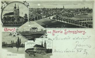 Sasvár, Mária Sasvár; Kegytemplom, vasútállomás / church, railway station, square, floral, litho