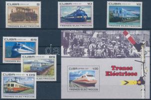 Electric railways perf set + imperf block with printed overprint Elektromos vasutak fogazott sor + v...