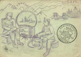 1940 WWII Hungarian field post, hand-drawn soldiers with radio 'vissza' So. Stpl (EK)