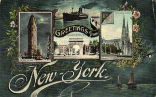 New York City, Flatiron Building, Washington memorial Arch, St. Patrick's Cathedral, steamship at night, floral (EK)