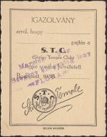1936 Bp., Shirley Temple Club tagsági igazolványa előlapján Shirley Temple fotójával és nyomtatott a...