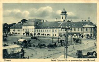 Csorna, Szent István tér a Premontrei rendházzal és Konzum üzlettel (EK)