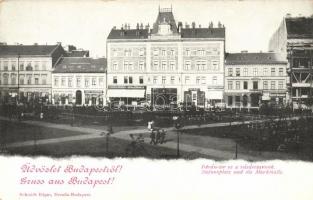 Budapest IV. István tér, Vásárcsarnok; Laufer József Bor- és Sörházával, Fuchs Ede, Hoffmann Albert és Bloch Salamon üzleteivel