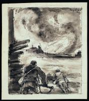 Komjáti-Wanyerka Gyula (1894-1958): Harctér. Akvarell-tus, papír, jelzett, 18×15 cm