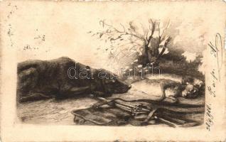 7 db RÉGI szignós motívumlap; vadász sorozat / 7 old artist signed motive cards; hunter series