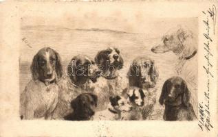 7 db RÉGI szignós motívumlap; vadász sorozat / 7 old artist signed motive cards; hunter series