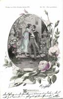 Wiedersehen / Romantic couple kissing, Fritz Grandt No. 138. floral (EK)