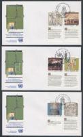 UN New York, Vienna, Geneva Human rights 3 diff. sets with coupon on 3 FDCs, ENSZ New York, Bécs, Genf Emberi Jogok 3 klf szelvényes sor 3 db FDC-n