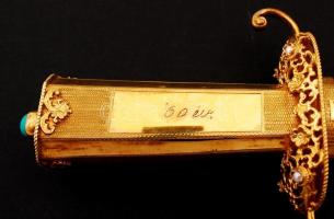 cca 1980 Aranyazott ezüst (AG.)  miniszteri dísztőr kovácsolt acél kétélű pengével, zománcozott hüve...