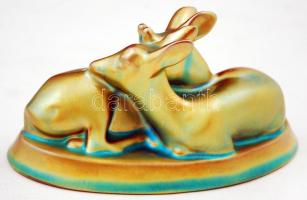 Zsolnay eozin mázas porcelán őz pár, jelzett, hibátlan, m:7,5 cm, h:15 cm