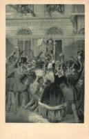 Irinyi József a Landerer és Heckenast nyomda ablakában, kezében a 12 pont első nyomtatott példányával, Komlós 'Negyvennyolc' sorozat I / 12 points of the Hungarian Revolutionaries of 1848 (EK)