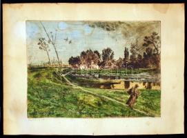 Aszódi Weil Erzsébet (1901-1976): Leszáll az est. Színezett rézkarc, papír, jelzett, kis gyűrődéssel, foltos, 32×43 cm