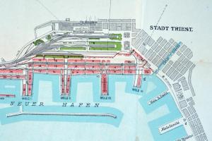 cca 1880 Plan der Bahn- und Hafenanlagen in Triest. A trieszti kikötők és vasútállomások térképe, 1:...