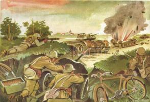 Pardi József tizedes, páncéltörő-ágyús rajparancsnok, kerékpárosok segítségével három ellenséges harckocsit tett ártalmatlanná / Military WWII Corporal József Pardi fighting