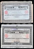 Franciaország/Párizs 1924. "Minas Pedrazzini Arany- és Ezüst Bánya" részvénye 100Fr-ról, szelvényekkel és bélyegzéssel + 1927. "Santiago és Társai Bányász Vállalat" részvénye 100Fr-ról, szelvényekkel és bélyegzéssel T:II France/Paris 1924. "Minas Pedrazzini Gold and Silver Mining C." share about 100 Francs with coupons and stamp + 1927. "Compagnie Minière de Santiago y Anexas" share about 100 Francs with coupons and stamp C:XF