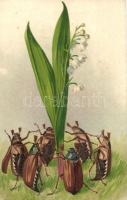 Dancing Cockchafers, may bugs, snowdrop flower litho