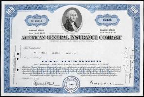 Amerikai Egyesült Államok/Texas 1969. "American General Insurance Company" részvényelismervénye 100db részvényről, egyenként 1 1/2$-ról, perforált, lyukasztással érvénytelenítve T:I- USA/Texas 1969. "American General Insurance Company" certificate about 100 fully paid shares, each about 1 1/2 Dollars, perforated, cancelled with holes C:AU