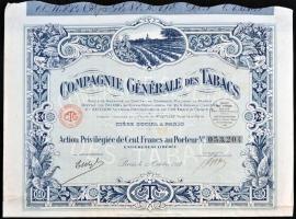 Franciaország/Párizs 1927. "Általános Dohány Vállalat" részvénye 100Fr-ról, szelvényekkel, bélyegzéssel T:II- France/Paris 1927. "Compagnie Générale des Tabacs" share about 100 Francs with coupons and stamp C:VF