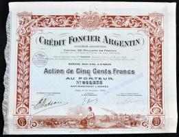 Franciaország/Párizs 1920. "Argentin Földhitel Társaság" részvénye 500Fr-ról, szelvényekkel, bélyegzéssel és szárazpecséttel T:II,II- France/Paris 1920. "Crédit Foncier Argentin" share about 500 Francs with coupons, overprint and embossed stamp C:XF,VF