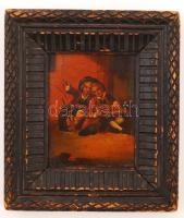 Jelzés nélkül: Mutatványosok. Olaj, fémlemez, keretben, 9,5×7 cm