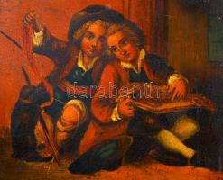 Jelzés nélkül: Mutatványosok. Olaj, fémlemez, keretben, 9,5×7 cm