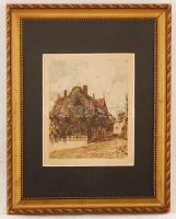 Olvashatatlan jelzéssel: Utca részlet. Színezett rézkarc, papír, jelzett, üvegezett keretben, 15×12 cm