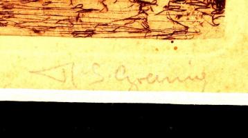 Olvashatatlan jelzéssel: Utca részlet. Színezett rézkarc, papír, jelzett, üvegezett keretben, 15×12 ...