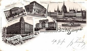 1897 Budapest, Nemzeti színház és múzeum, Műegyetem, Központi pályaudvar, gőzhajó, Ottmar Zieher floral Art Nouveau litho (Rb)